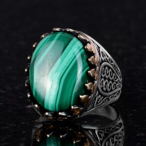 925K Katı Gümüş Erkek Yüzük Doğal Taşlarla - El Yapımı Zarafet (Malakit Taşı) - Görsel 4