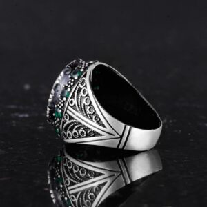 Gerçek Doğal Yeşil Göz Taşı Yüzük - El Yapımı 925 Ayar Gümüş Erkek Takısı - Görsel 7