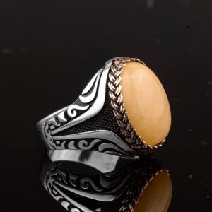 Erkekler için Doğal Sarı Akik Taşlı Yüzük, 925 Ayar Gümüş El Yapımı Vintage Tarzı - Görsel 5