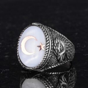 Erkekler için Ay Yıldız Kartal Yüzüğü - 925 Ayar Gümüş Yüzük Doğal sedef Taşlı- Hilal ve Yıldız Tasarımı - Türk Ay Yıldız Bayrağı Kartal Tasarım Yüzüğü (Beyaz) - Görsel 6