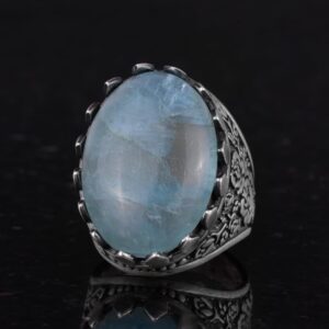 Gerçek Doğal Taş Akuamarin Yüzük - Gül Desenli Yüzük - 925 Ayar Gümüş Yüzük - El Yapımı Büyük Yüzük - Görsel 6