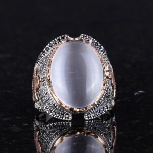 Beyaz Kedi Gözlü Yapay Taş Yüzük, Camii Gümüş Yüzük, 925 Ayar Gümüş Yapay Taş Yüzükler - Görsel 3