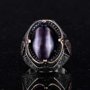 Mor Kedi Gözlü Yapay Taş Yüzük - 925K Katı Gümüş Erkek Yüzüğü, El Yapımı Zarafet - Görsel 3