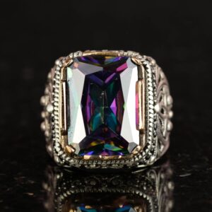 925 Ayar Gümüş Yüzük, Doğal Olmayan Mystic Topaz Taşlı Gümüş Yüzük, Mystic Topaz Gümüş Erkek Yüzük (Özelleştirilebilir) - Görsel 4
