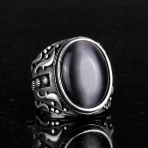 Oluşturulmuş Taş Yüzük, 925 Ayar Gümüş Yüzük, Tasarım Gümüş Erkek Yüzük (Siyah Catseye Oluşturulmuş Taş) - Görsel 4