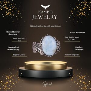 Sterling Gümüş Kadın Yüzük, Gerçek Doğal Larimar Taşı ile, Vintage Bohem Tasarım - Görsel 2