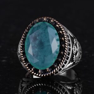 925 Ayar Gümüş Yüzük, Yapay Taş Yüzük, Kartal Sembolü Yüzük, El Yapımı Yüzük (Yapay yeşil paraiba) - Görsel 6