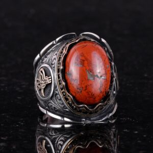 Osmanlı Tuğrası Gümüş Yüzük, 925 Ayar Saf Gümüş Yüzük, El Yapımı Doğal Kırmızı Kan Taşı Yüzük - Görsel 4