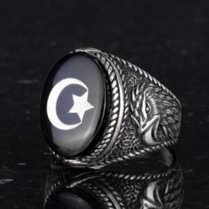 Erkekler için Ay Yıldız Kartal Yüzüğü - 925 Ayar Gümüş Yüzük - Hilal ve Yıldız Tasarımı - Türk Ay Yıldız Bayrağı Kartal Tasarımı Yüzük (Siyah) - Görsel 5