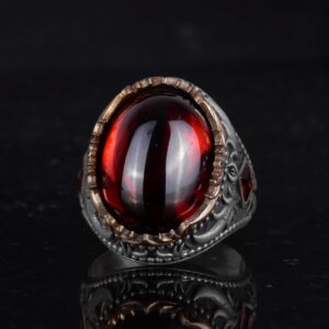 Yapay Taş Yüzük - El Yapımı Erkek Yüzüğü - Şık 925 Ayar Gümüş Erkek Takısı (Yapılmış Cabochon Garnet) - Görsel 5