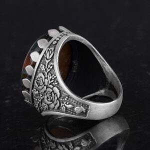 Gerçek Doğal Taş Yüzük - Gül Desenli Yüzük - 925 Ayar Gümüş Yüzük - El Yapımı Büyük Yüzük (Yeşil Kan Taşı) - Görsel 7