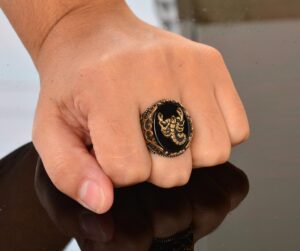 Doğal Obsidan Taş Yüzük - 925 Ayar Gümüş Yüzük - Damga Yüzük (Akrep) - Görsel 7