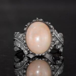 El Yapımı 925 Ayar Gümüş Erkek Yüzük Doğal Opal Taşı - Yaprak Desenli İfade Yüzüğü (Model-1) - Görsel 4