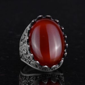 Gerçek Doğal Taş Yüzük - Gül Desenli Yüzük - 925 Ayar Gümüş Yüzük - El Yapımı Büyük Yüzük (Kırmızı Akik) - Görsel 5