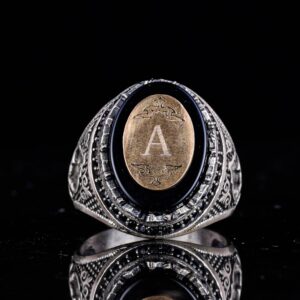 Kişiselleştirilebilir Monogram Oniks Taşlı Yüzük - 925 Ayar Gümüş Kişisel Yüzük Erkekler İçin - Görsel 6
