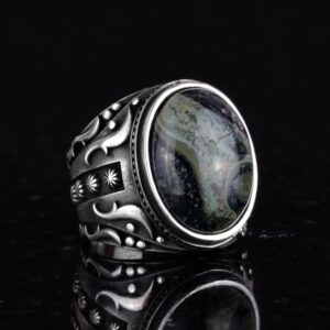 Doğal Yeşil Göz Taşı Yüzük, 925 Ayar Sert Gümüş Erkek Yüzüğü, Doğal Tasarım Gümüş Erkek Yüzüğü - Görsel 5