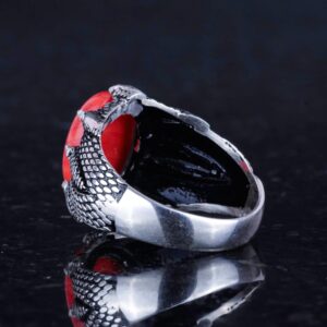 Gerçek Doğal Kırmızı Mercan Taşı ile Yapılmış Gümüş Pençe Yüzük - Görsel 7