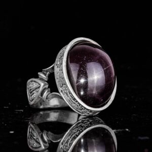 Erkekler için 925 Ayar Gümüş Yüzük - Doğal Yıldız Granat Taşı ile İslami Tasarım ve Tanrı Motifi - Görsel 6