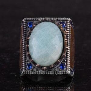 Gerçek Doğal Amazonit Taş Yüzük - 925 Ayar Gümüş İslami Yüzük - El Yapımı Hat Yüzük - Görsel 4