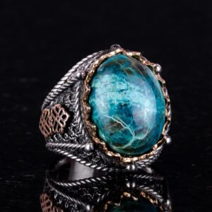 Gerçek Doğal Krysokolla Taşı Yüzük, 925 Ayar Katı Sterlin Gümüş Erkek Yüzüğü - Görsel 5