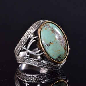 Doğal Turkuaz Taşlı Yüzük - Ayrıntılı Erkek Yüzüğü - 925 Ayar Sterling Gümüş Yüzük - Görsel 4