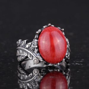 Gerçek Doğal Kırmızı Mercan Taşlı Gümüş Kadın Yüzüğü, Vintage Bohem Tasarım - Görsel 5