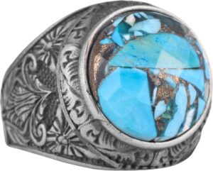 Gerçek Doğal Turkuaz Taşlı, Ayrıntılı Çiçek Tasarımlı Gümüş Erkek Yüzük - Görsel 1