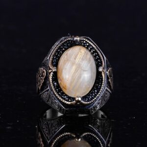 925 Ayar Katı Gümüş Erkek Yüzük - Gerçek Doğal Cabochon Altın Rutilat Kuvars Taş Yüzük - Görsel 4