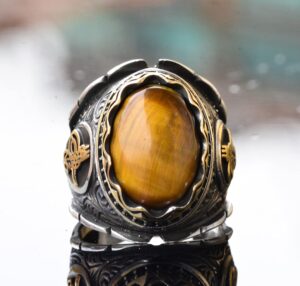 Doğal Kaplan Gözü Taşı ile El Yapımı 925 Ayar Gümüş Erkek Yüzük - Ayrıntılı Osmanlı Mühür Tasarımı - Taş Yüzük - Görsel 2