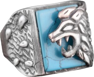 925 Ayar Gümüş Yüzük, Aslan Yüzüğü, Turkuaz Taşı, 925 Ayar Gümüş Aslan Yüzüğü Oluşturulmuş Turkuaz Taşı ile - Görsel 1