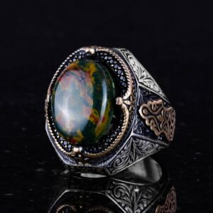 Doğal Yeşil Kan Taşı Taş Yüzük - 925 Ayar Gümüş Yüzük Erkekler İçin, Farklı Yüzük - Görsel 5