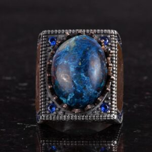 Gerçek Doğal Taş Yüzük - 925 Ayar Gümüş İslami Yüzük - El Yapımı Hat Yazılı Yüzük (Azurit) - Görsel 4