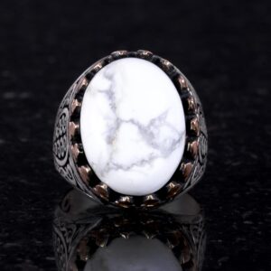 925 Ayar Katı Gümüş Erkek Yüzük, Doğal Taşlarla - El Yapımı Zarafet (Howlite Taşı) - Görsel 2