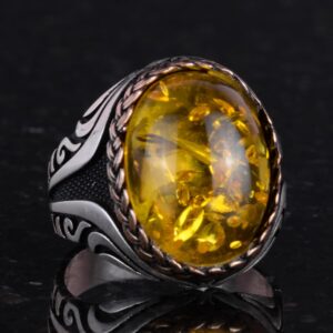 925 Ayar Gümüş Yüzük - Yapay Taş Gümüş Yüzük - El Yapımı Yüzük (Yapay kehribar) - Görsel 5