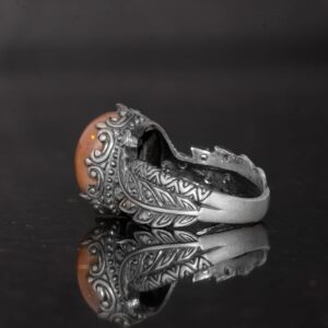 El Yapımı 925 Ayar Gümüş Erkek Yüzük Doğal Opal Taşı - Yaprak Desenli İfadeli Yüzük - Görsel 7