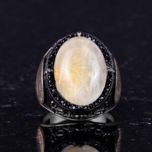 Davud Yıldızı Yüzüğü, Gerçek Doğal Cabochon Altın Rutilli Kuvars Taş Yüzüğü - 925K Katı Gümüş Erkek Yüzüğü - Görsel 4