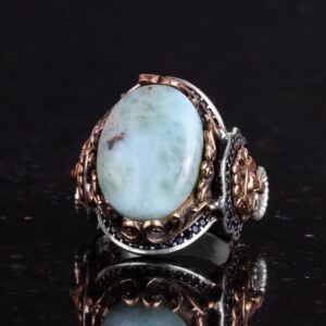 El Yapımı Aslan Sembolü Yüzük, Larimar Taşı Yüzük - Sakin 925K Katı Gümüş Erkek Yüzüğü - Görsel 5