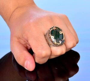 925 Ayar Gümüş Erkek Yüzük - Etnik Tasarım - Gerçek Zümrüt Doğal Taş Yüzük - Görsel 7