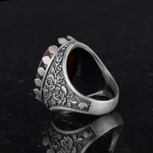 Gerçek Doğal Taş Yüzük - Gül Desenli Yüzük - 925 Ayar Gümüş Yüzük - El Yapımı Büyük Yüzük (Kaplan Göz) - Görsel 7