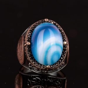 Doğal Mavi Akik Taşı Yüzük, Davud Yıldızı Yüzüğü - 925 Ayar Gümüş Erkek Yüzüğü, Gümüş Süleyman Mührü Yüzüğü - Görsel 5