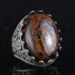 Gerçek Doğal Taş Yüzük - Gül Desenli Yüzük - 925 Ayar Gümüş Yüzük - El Yapımı Büyük Yüzük (Bronzit) - Görsel 5