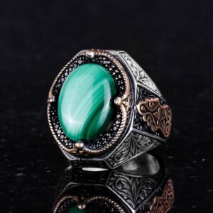 Doğal Malakit Taş Yüzük - Canlı 925 Ayar Katı Gümüş Erkek Yüzük - Görsel 5