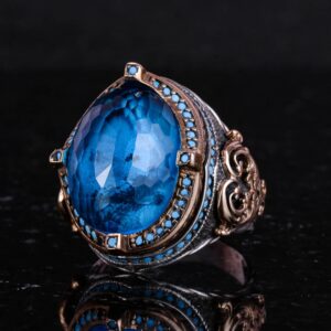 925 Ayar Gümüş Erkek Yüzük, Yapay Akuamarin Taşı, El Yapımı Vintage Tasarım İfadesi Yüzük - Görsel 6