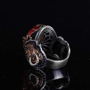 925 Ayar Gümüş Yüzük, Turuncu Paraiba Yapay Taş Yüzük, El Yapımı Aslan Başlı Erkek Yüzüğü - Görsel 6