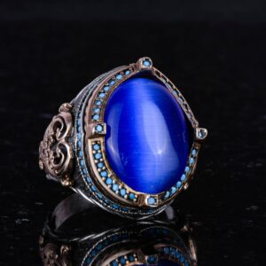 925 Ayar Gümüş Erkek Yüzük, Oluşturulmuş Mavi Kedi Göz Taşı, El Yapımı Vintage Tasarım İfadeli Yüzük - Görsel 5