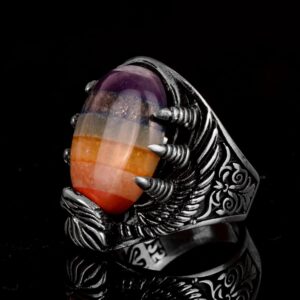 925 Ayar Gümüş Erkek Yüzük, Şahin Pençesi Yüzüğü, 7 Çakra Doğal Taşlardan Oluşan Yüzüğü, Gökkuşağı Yüzüğü - Görsel 5