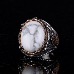 Gerçek Doğal Howlite Taş Yüzük, 925 Ayar Katı Gümüş Erkek Yüzüğü - Görsel 4