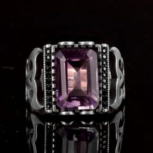 Gerçek Doğal Ametist Taşı Yüzük, 925 Ayar Gümüş Erkek Yüzük - Görsel 4