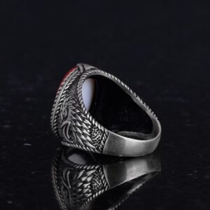 İslami Erkek Yüzük - Kartal Sembolü Yüzük - 925 Ayar Gümüş El Yapımı Erkek Yüzük (Kırmızı) - Görsel 7
