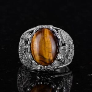 Gerçek Doğal Kaplan Gözü Taşı Yüzük, 925 Ayar Katı Gümüş Erkek Yüzük, Cesur Tasarım - Görsel 3